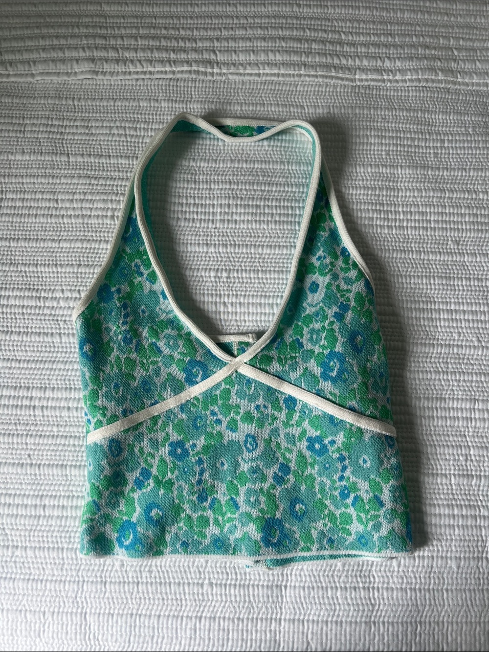 Zara Green Floral Halter Crop Top with White Trim